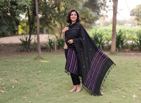 Handmade Black with Pink Embroidery Ladies Swati Pashmeena Shawl